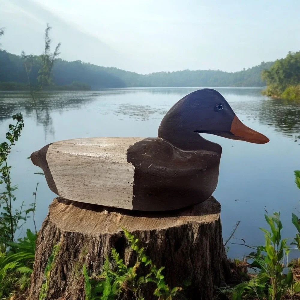 VTG Primitive Wooden Duck Decoy Hand Painted/Carved Solid Heavy 5LB Glass Eyes